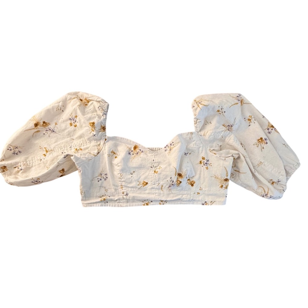 Linen Blend Floral Puff Sleeve Crop Top Cream Yellow Wildflower LG Cottagecore